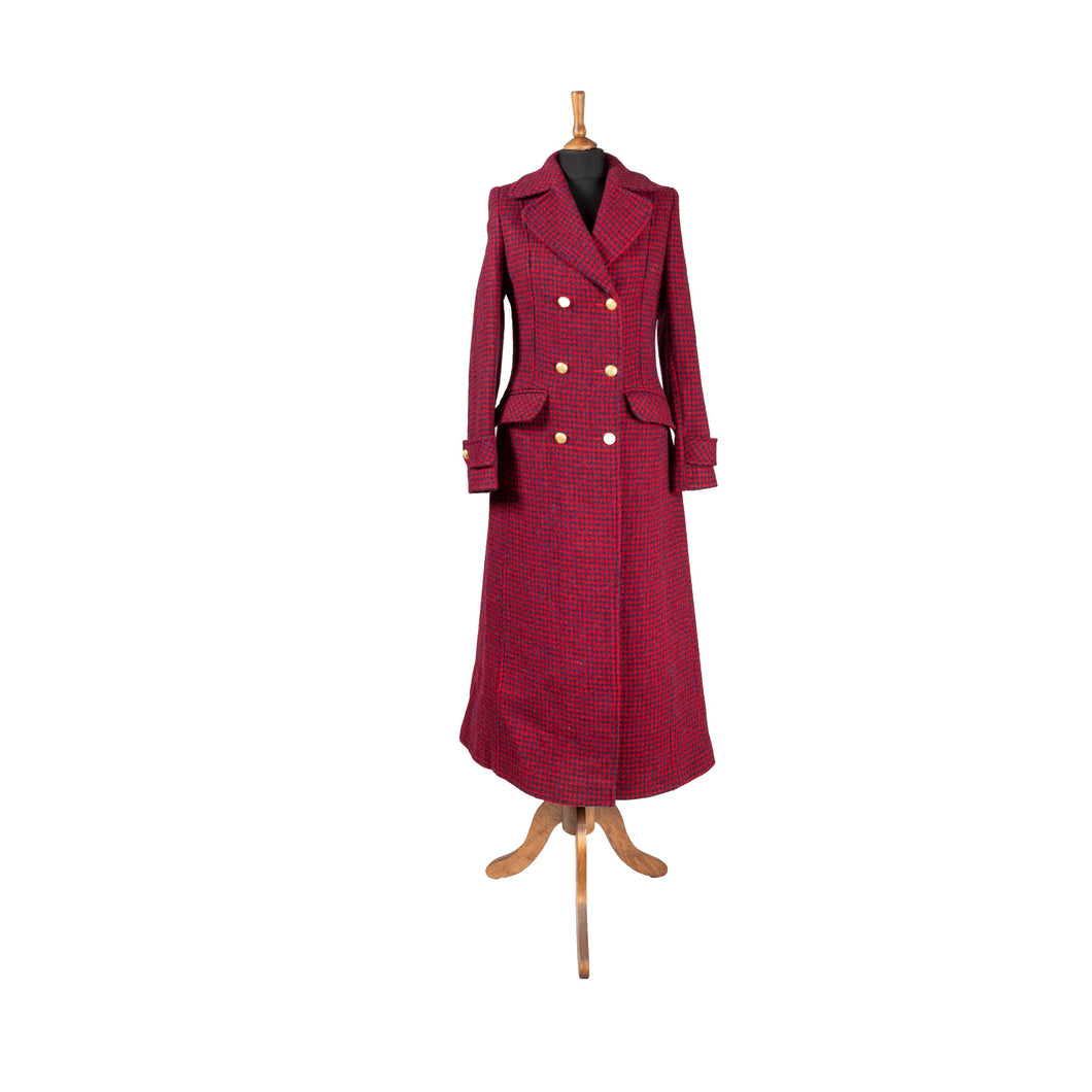Harris Tweed Ladies Double Breasted Maxi Length Coat Red and Dark Blue Dog Tooth
