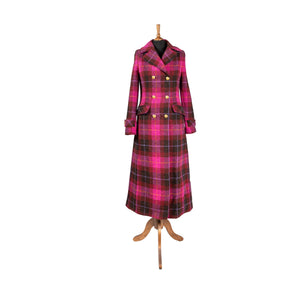 Harris Tweed Ladies Double Breasted Maxi Length Coat Pink Tones Tartan